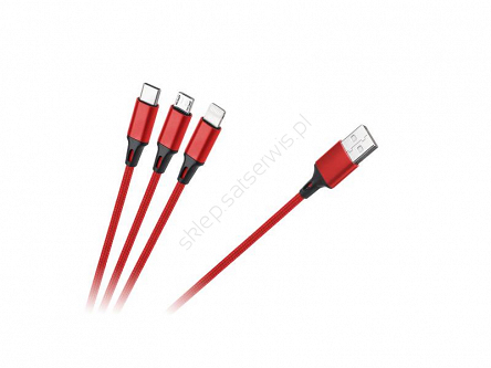Kabel USB 3w1 1m - Micro USB, USB C, Lightning w oplocie czerwony