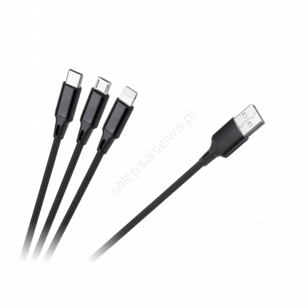 Kabel USB 3w1 1m - Micro USB, USB C, Lightning w oplocie czarny