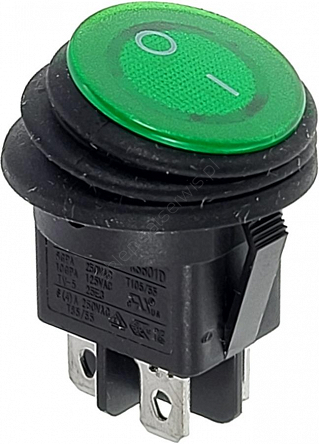 Przełącznik ON-OFF bistabilny 4 pin 230V RS601D IP65 kołyskowy zielony