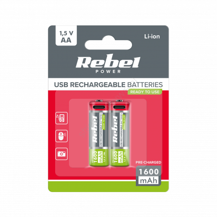 Akumulatorki REBEL AA, 1600 mAh, Li-ion,1,5V, 2szt/bl , R6 , gniazdo USB typ C